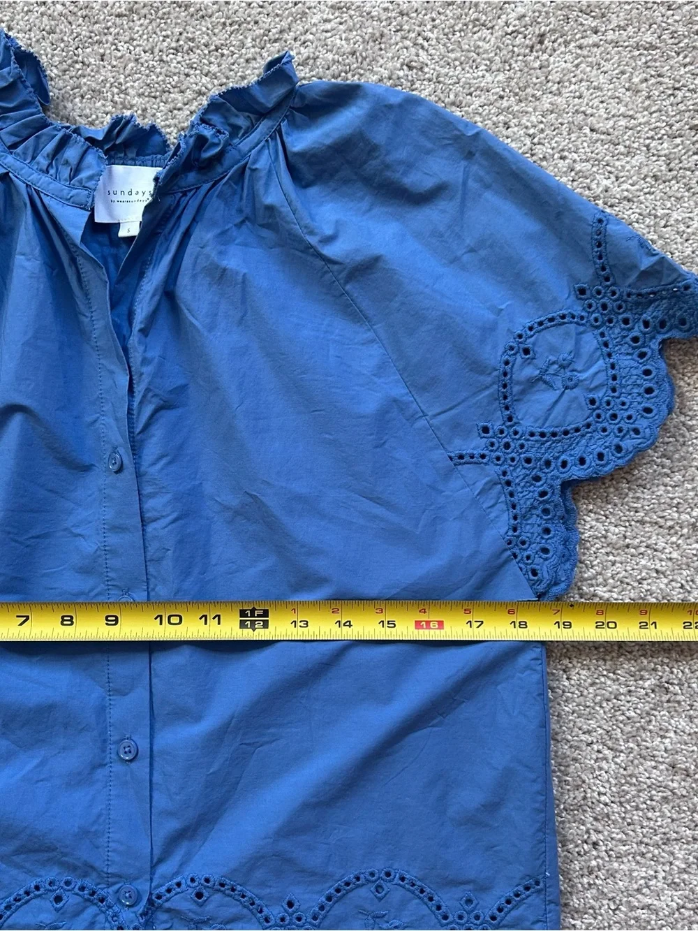 SUNDAYS Blue Eyelet Embroidered Ruffle Neck Top Small (AS IS Tear under arm)